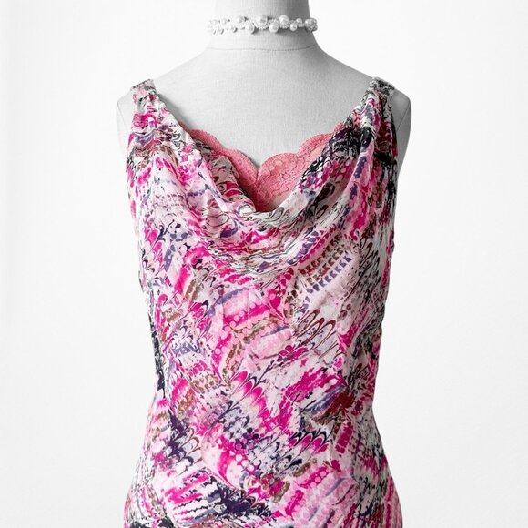 Vintage Pink Silk Lace Detail Asymmetric Hem Cocktail Midi Dress Size S/M - Picture 5 of 9